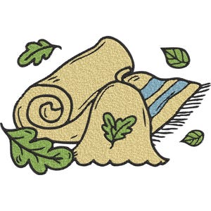 Puede incluir: Diseño bordado que presenta una manta beige enrollada con una sección a rayas azules y blancas y un borde con flecos. Hojas verdes están dispersas alrededor de la manta, creando una ilustración acogedora con temática otoñal.