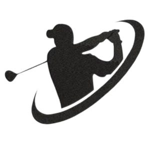 May include: A black silhouette depicting a golfer in action, swinging a golf club. The figure is wearing a cap and is positioned within a curved, circular shape. The design is set against a white backdrop, emphasizing the figure's form.