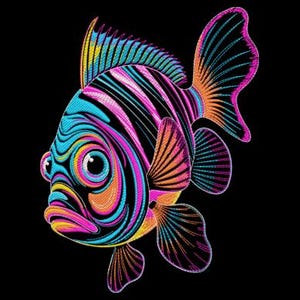 Könnte beinhalten: Stilisierte Fischillustration vor schwarzem Hintergrund. Der Fisch weist lebendige Farben wie Blau, Pink, Orange und Gelb auf, mit detaillierten Linien, die eine strukturierte Optik erzeugen. Der Fisch hat große Augen und detaillierte Flossen.