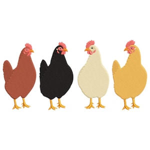 May include: Four embroidered chickens in brown, black, cream, and yellow. Each chicken has a red comb and wattle, with yellow beaks and feet. The chickens are standing upright, facing forward.