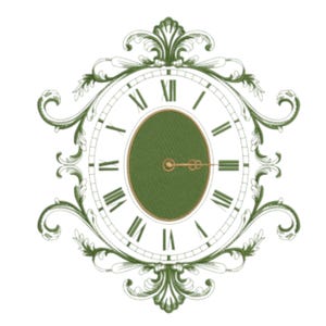 Può includere: Design ricamato di un orologio vintage con numeri romani. Il quadrante è verde con lancette color oro e un bordo dorato. L'orologio è circondato da una cornice floreale verde decorativa, il tutto su sfondo bianco.