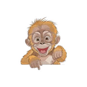 May include: A cartoon illustration of a smiling monkey wearing round glasses. The monkey has brown fur and is pointing down with its index finger. The monkey's mouth is open, revealing a red tongue.