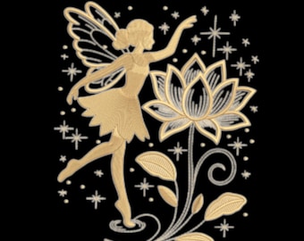 May include: Gold embroidered design of a fairy with outstretched arm, wings, and a short dress. The fairy is next to a detailed lotus flower with a swirling stem and leaves. Stars are scattered around the fairy and flower on a black background.