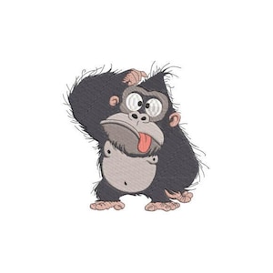 Könnte beinhalten: Ein Cartoon-Gorilla mit überraschtem Gesichtsausdruck. Der Gorilla ist hauptsächlich schwarz mit einem hellgrauen Gesicht und Brust. Seine Zunge hängt heraus, und er berührt seinen Kopf mit einer Hand. Der Gorilla hat große, weite Augen.