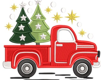 Vintage Christmas Truck, Red Truck With Christmas Tree, Machine Embroidery, Vintage Truck, Farmhouse Christmas, Christmas Truck, Rustic