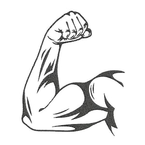 Può includere: Illustrazione in bianco e nero di un braccio flesso con un pugno chiuso. Il braccio è muscoloso e dettagliato, con ombreggiatura per enfatizzare i contorni. Un simbolo classico di forza e potere.