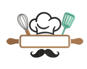 May include: An embroidered design featuring a chef's hat, whisk, spatula, and a mustache. A rolling pin with a blank rectangular space is in the center. The design is in shades of brown, black, and teal on a white background.