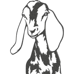 May include: Black and white embroidered image of a goat's head and neck. The goat has long, floppy ears and a slightly smiling expression. The embroidery style gives the image a textured appearance, suitable for various craft projects.