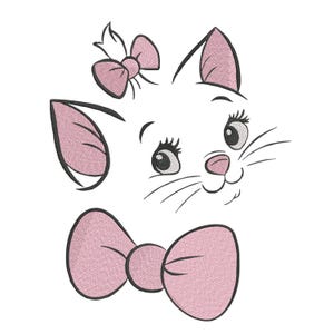 May include: An embroidery design of a white kitten face with large eyes, long eyelashes, and a small pink nose. The kitten features pink-filled ears, a pink bow on top of its head, and a larger pink bow positioned below the chin with black outlines.