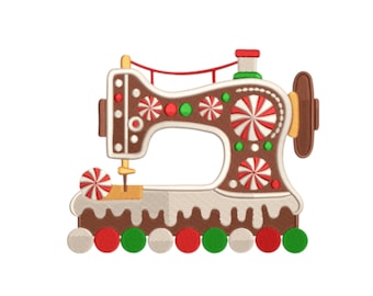 May include: A brown and white gingerbread sewing machine with red, green, and white accents. The machine features candy-like embellishments and a decorative base with red, green, and white candies. The design is festive and whimsical.