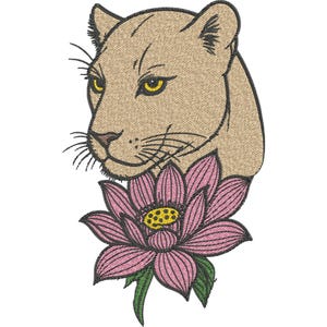 May include: An embroidered patch featuring the head of a tan panther with yellow eyes and black whiskers positioned above a large pink lotus flower with a yellow center and green leaves, all outlined in a thick black thread border.