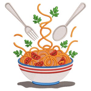 May include: An embroidered image of a bowl of spaghetti with tomato slices and parsley. A fork and spoon are positioned above the bowl, with strands of pasta and parsley sprigs floating around. The bowl has red and blue stripes.