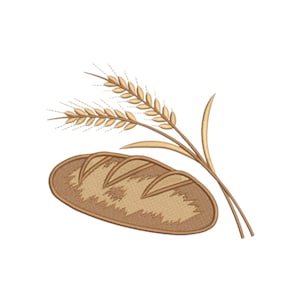 May include: An embroidered design featuring a golden brown loaf of bread with three diagonal score marks on top, accompanied by two stalks of wheat with light tan grains and thin stems, rendered in a clean, flat, and detailed stitch style.