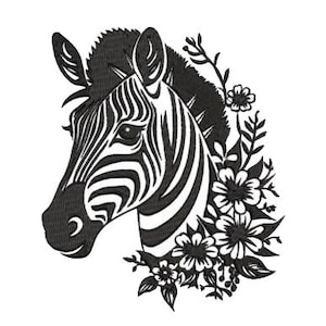 Zebra Stickdatei, Zebra mit Blumen, Maschinenstickerei, Zoo Tier Stickereien, Blumen, Safari, schwarz weiß, Streifen, Gesicht