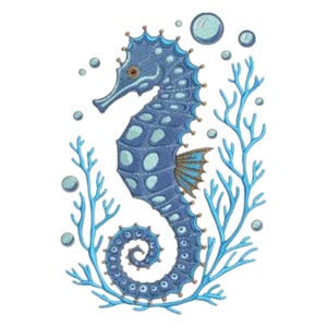 Cavalluccio marino blu, disegno da ricamo, cavalluccio marino con corallo, ricamo costiero, vita marina, ricamo nautico, marino, sottomarino, oceano, corallo