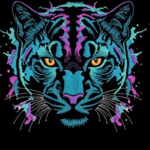 May include: Embroidered tiger face in teal, purple, and orange on a black background. The tiger's face is detailed with intricate stitching, showcasing its eyes, nose, and whiskers. The design has a splash effect.