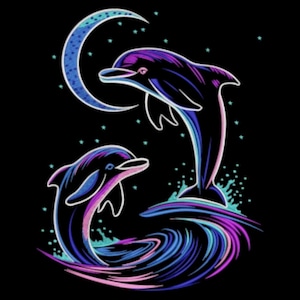 Neon Dolphins And Moon Embroidery, Machine Embroidery, Moon And Dolphin, Celestial , Glow In The Dark, Retro Dolphin, Dolphin , Neon, Boho
