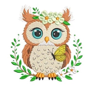 フクロウの刺繍デザイン、大きな目をしたかわいいフクロウの機械刺繍デザイン、動物の刺繍、鳥のステッチ、漫画、美しい、蝶