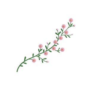 May include: An embroidered floral design showing a curved stem with green leaves and small pink flowers. The design is set against a white background, suitable for craft projects.