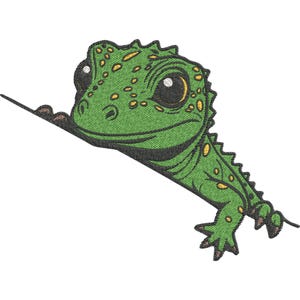 May include: An embroidered patch featuring a green lizard with yellow spots and large dark eyes. The lizard is depicted peeking over a diagonal black line, with its head and one front claw visible above the line and its body extending below.