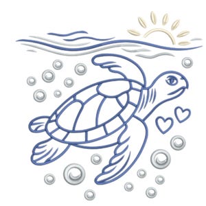 Może przedstawiać: Haft przedstawiający niebiesko-białego żółwia morskiego pływającego pod wodą, otoczonego bąbelkami. Powyżej stylizowane słońce i fale. Dwa serca unoszą się w pobliżu żółwia. Projekt na białym tle.