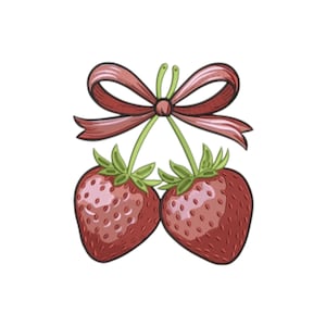 Könnte beinhalten: Illustration von zwei roten Erdbeeren, verbunden mit einem rosa Band. Die Erdbeeren haben grüne Blätter und sind mit kleinen Samen versehen. Das Band ist zu einer Schleife gebunden, vor weißem Hintergrund.