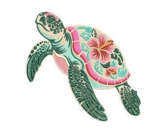 May include: Embroidered sea turtle design featuring a detailed floral pattern on its shell. The turtle has a teal body, green flippers, and a shell adorned with pink, red, and teal hibiscus flowers. The design is set against a white background.