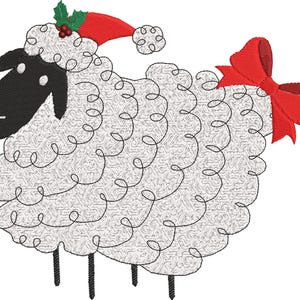 May include: A whimsical embroidered sheep design. The sheep has a black face and legs, a fluffy white body, and is adorned with a red Santa hat and bow. The hat is decorated with holly and berries. The design is perfect for holiday crafts.