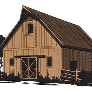 May include: An embroidered design of a rustic barn with a brown roof and tan siding. The barn features a large sliding door, windows, and a small tree. A fence is in front of the barn.