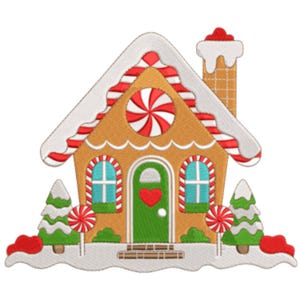 May include: A gingerbread house embroidery design with a white, red, and brown color scheme. The house features a candy cane roof trim, a peppermint candy window, and a green door with a heart. Two Christmas trees and lollipops flank the house.
