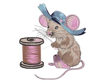 Cute Sewing  Mouse Embroidery, Machine Embroidery, Sewing Mouse, Animal Embroidery, Baby Mouse, Whimsical Mouse, Nursery Mouse, Woodland
