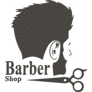 May include: A black and white barber shop logo featuring a silhouette of a man's profile with a textured hairstyle, ear, and face. The words "Barber Shop" are below the profile, and a pair of scissors is on the right.