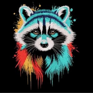 Raccoon Embroidery Design, Color Splash Raccoon Machine Embroidery Design, Animal Embroideries, Colorful Forest Animal, Black Background