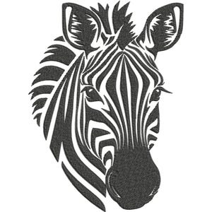 Könnte beinhalten: Detaillierte Schwarz-Weiß-Illustration eines Zebra-Kopfes. Das Gesicht des Zebras ist zentriert und zeigt sein unverwechselbares Streifenmuster. Das Bild ist eine Nahaufnahme, die die Merkmale und Textur des Tieres hervorhebt.