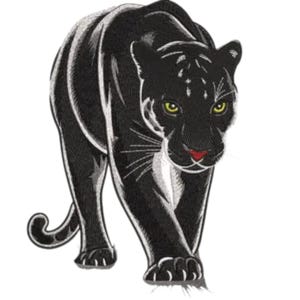Op de afbeelding: Gedetailleerde illustratie van een zwarte panter met gele ogen en een rode neus, die naar voren loopt. De vacht van de panter is zwart met witte accenten, tegen een witte achtergrond. De staart van de panter is gekruld.