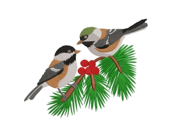 May include: Embroidered image of two birds perched on a pine branch with red berries. The birds have black, white, grey, and tan feathers. The pine needles are green, and the berries are red. The background is white.