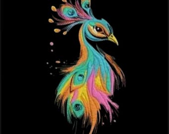 カラフルな孔雀の刺繍デザイン、芸術的な鳥の機械ファイル、ボヘミアン
