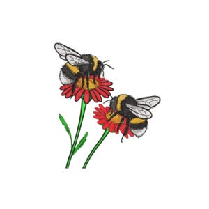 May include: An embroidered design featuring two bumblebees perched on red flowers with yellow centers. The bees have black and yellow striped bodies and translucent wings. The flowers have green stems and leaves, set against a white background.
