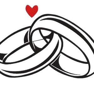 Könnte beinhalten: Schwarz-weiße Illustration von zwei ineinander verschlungenen Eheringen mit einem roten Herz darüber. Die Ringe sind dicke Bänder, die Engagement und Liebe symbolisieren, ideal für Hochzeitsdesigns.