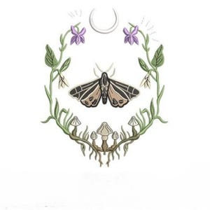 May include: Embroidered design featuring a moth with brown and black wings, surrounded by green vines, purple flowers, and mushrooms. A crescent moon is at the top. The design is likely for apparel or home decor.