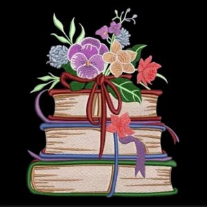 May include: An embroidered design featuring a stack of three books adorned with a bouquet of colorful flowers. The flowers include purple pansies, orange blossoms, and red accents, tied with a burgundy ribbon. The background is black.