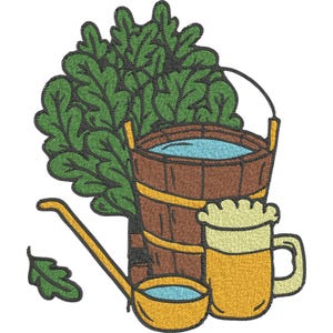 May include: An embroidered design featuring a wooden sauna bucket filled with water, a ladle, and a mug of beer. A bundle of green leafy branches is behind the bucket. A small bowl of water is in front of the bucket.