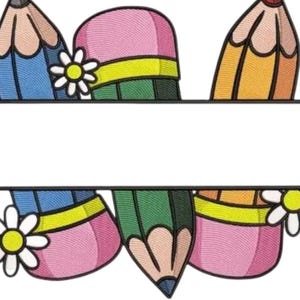 May include: An embroidered design featuring colorful pencils and erasers, with a daisy accent. The pencils are blue, orange, and green, and the erasers are pink. The design is set against a white background with a horizontal black line.