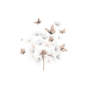 Könnte beinhalten: Ein Stickmuster mit einer zentralen Pusteblume und strahlenförmigen Samen in Grau- und Beigetönen. Mehrere hellbeige Schmetterlinge mit dunklen Umrissen sind um die Pusteblume herum angeordnet und bilden eine zarte und luftige Komposition.