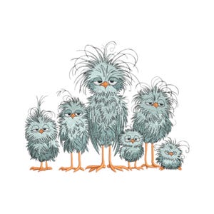 May include: A cartoon illustration of six grumpy birds in a family group. The birds have blue-grey feathers, orange legs, and a consistently displeased expression. The artwork is set against a plain white background.