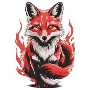 Pode incluir: Ilustração detalhada de uma raposa com pelo vermelho e branco, sobre um fundo branco. A raposa é cercada por formas vermelhas em forma de chama, dando-lhe uma aparência flamejante. Os olhos da raposa são de uma cor laranja quente.