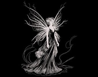 May include: A black and white illustration of a fairy with detailed wings and a flowing gown. The fairy is standing, with her head tilted slightly. The background is solid black, emphasizing the delicate details of the fairy's design.