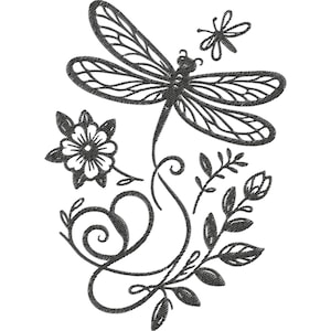 May include: A detailed black and white illustration of a dragonfly with delicate wings, a small butterfly, a flower, and leafy vines. The design has a textured, embroidered appearance, perfect for embroidery projects or decorative art.