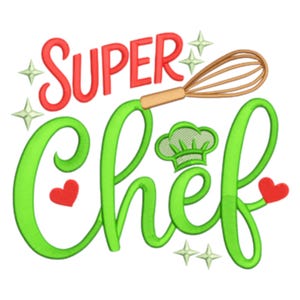 Peut inclure: Graphique coloré avec l'inscription "SUPER Chef" en rouge et vert. Un fouet et une toque de chef sont intégrés au design, avec des cœurs rouges et des étoiles. Idéal pour la décoration de cuisine.