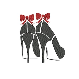 Könnte beinhalten: Illustration von zwei hochhackigen Schuhen in Dunkelgrau, jeweils mit einer roten Schleife oben. Die Schuhe sind im Profil dargestellt und zeigen ihre schlanken Absätze und ihr elegantes Design vor einem weißen Hintergrund.